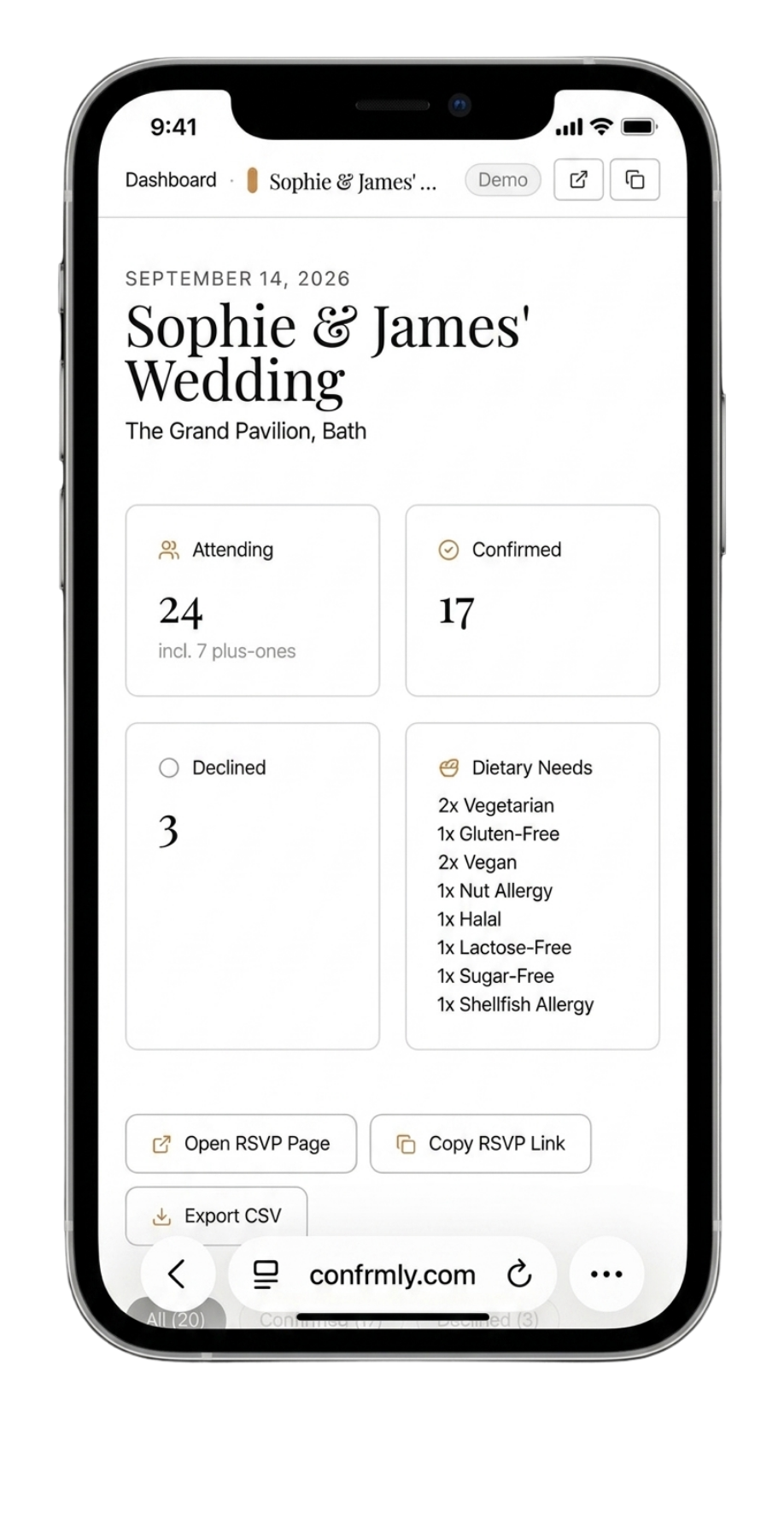 Wedding website host dashboard preview