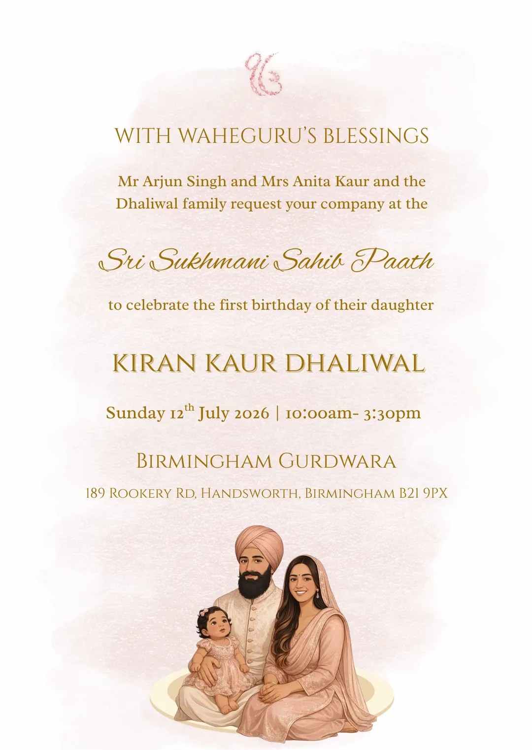 Custom illustrated first birthday invitation for a Sikh family